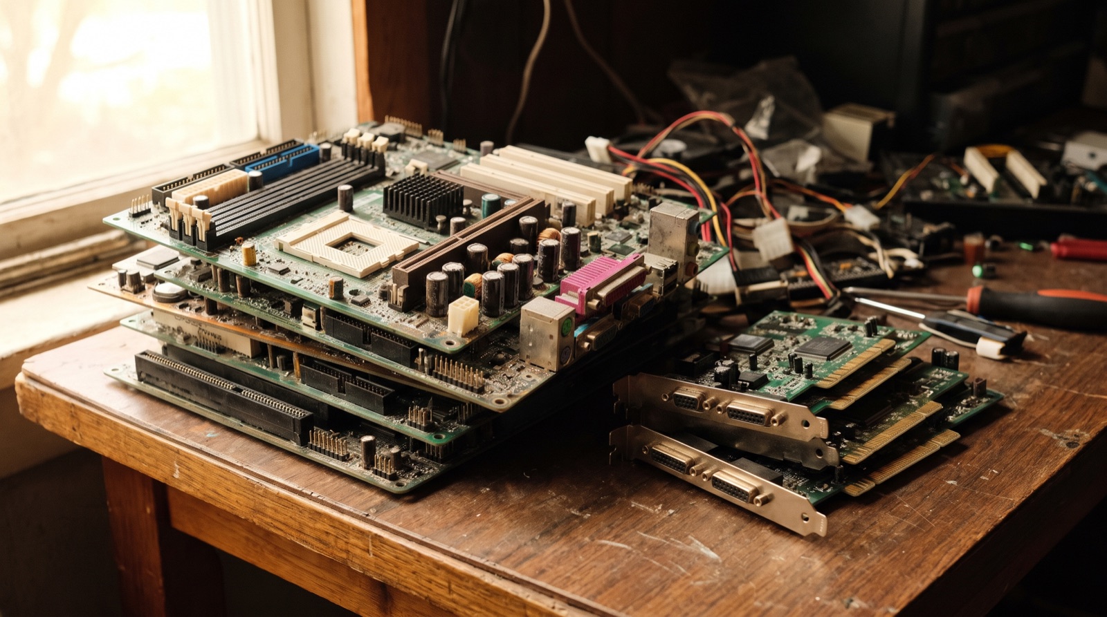 Ein Stapel ausgebauter Computer-Mainboards auf der Werkbank, daneben Steckkarten mit vergoldeten Kontaktleisten.