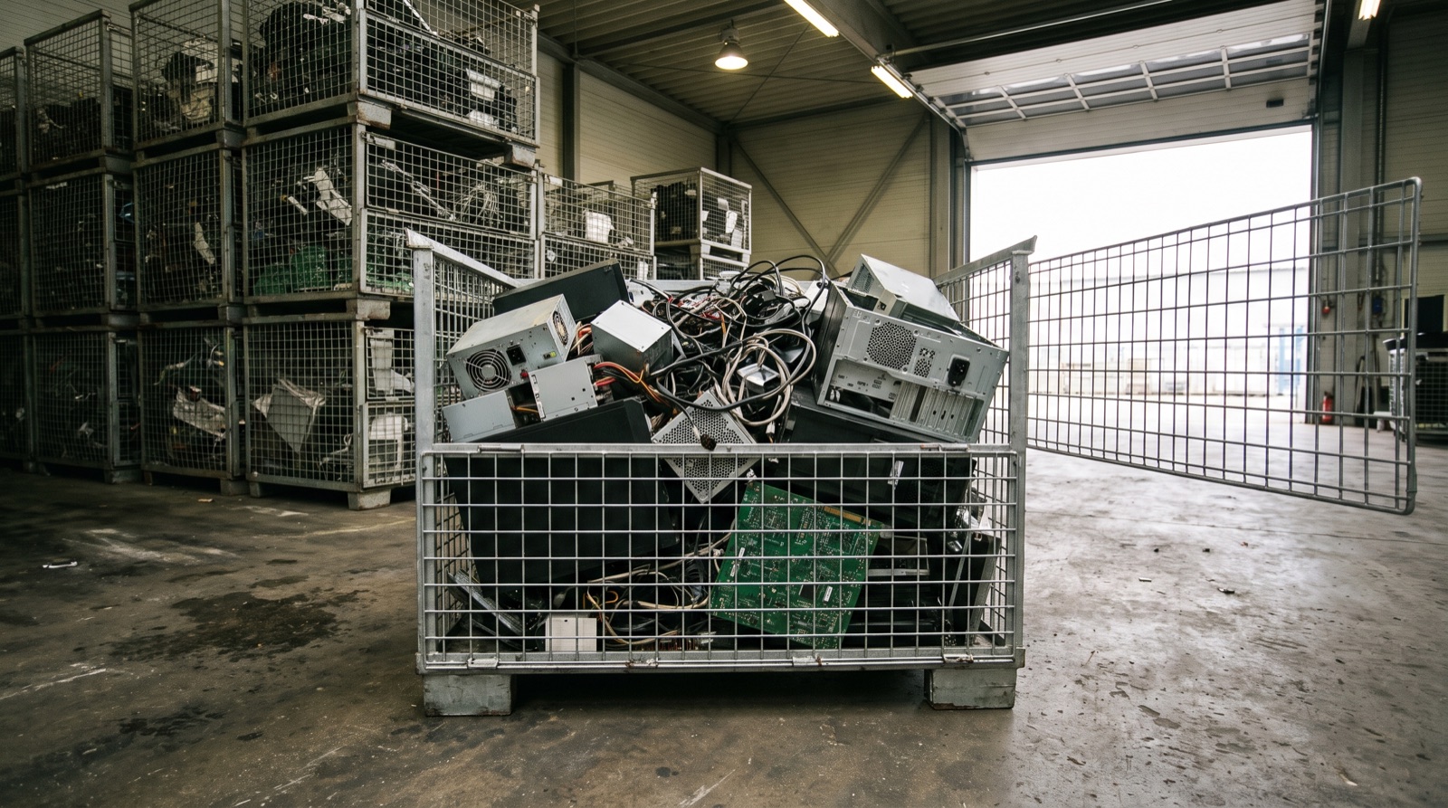 Eine Gitterbox in der Halle ist mit gemischtem Elektronikschrott aus Netzteilen, Gehäusen und Platinen gefüllt.