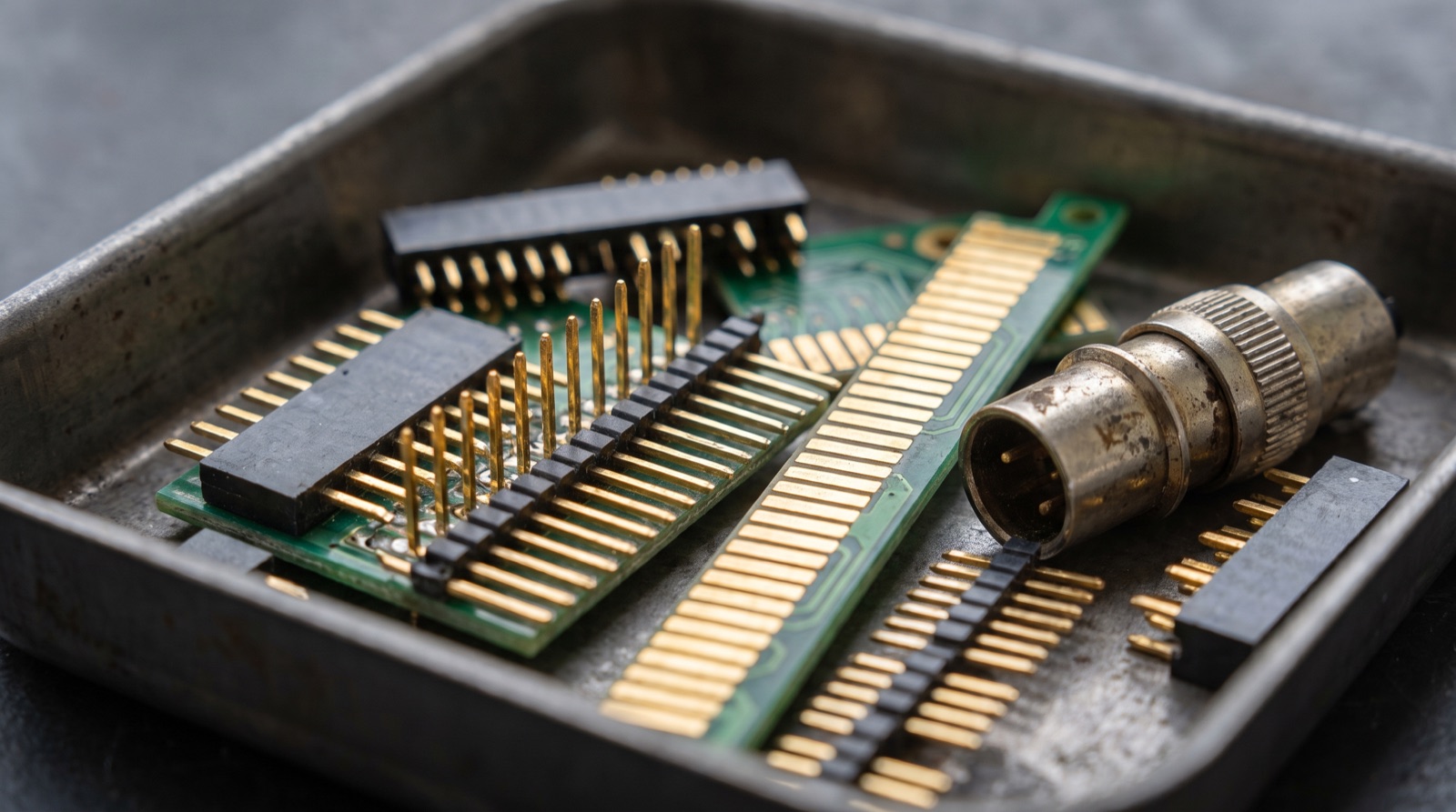 Vergoldete Steckerleisten und Rundstecker gesammelt in einer Metallschale, die Goldauflage hebt sich deutlich ab.