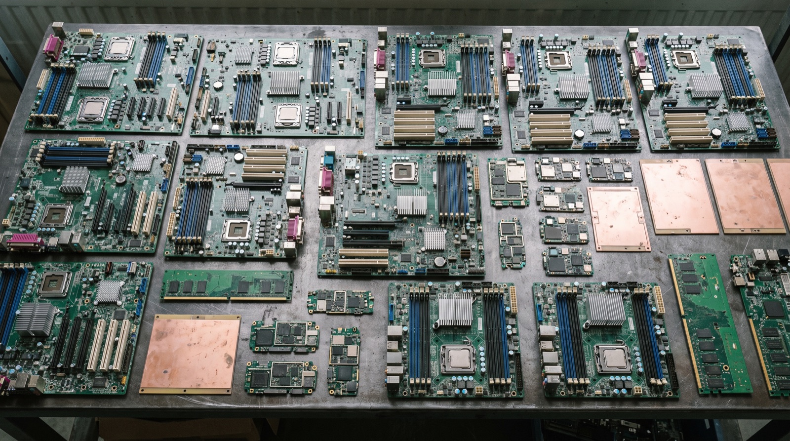 Verschiedene Leiterplatten nebeneinander: dicht bestückte Servermainboards, dünne Steuerplatinen und unbestückte Trägerplatten.