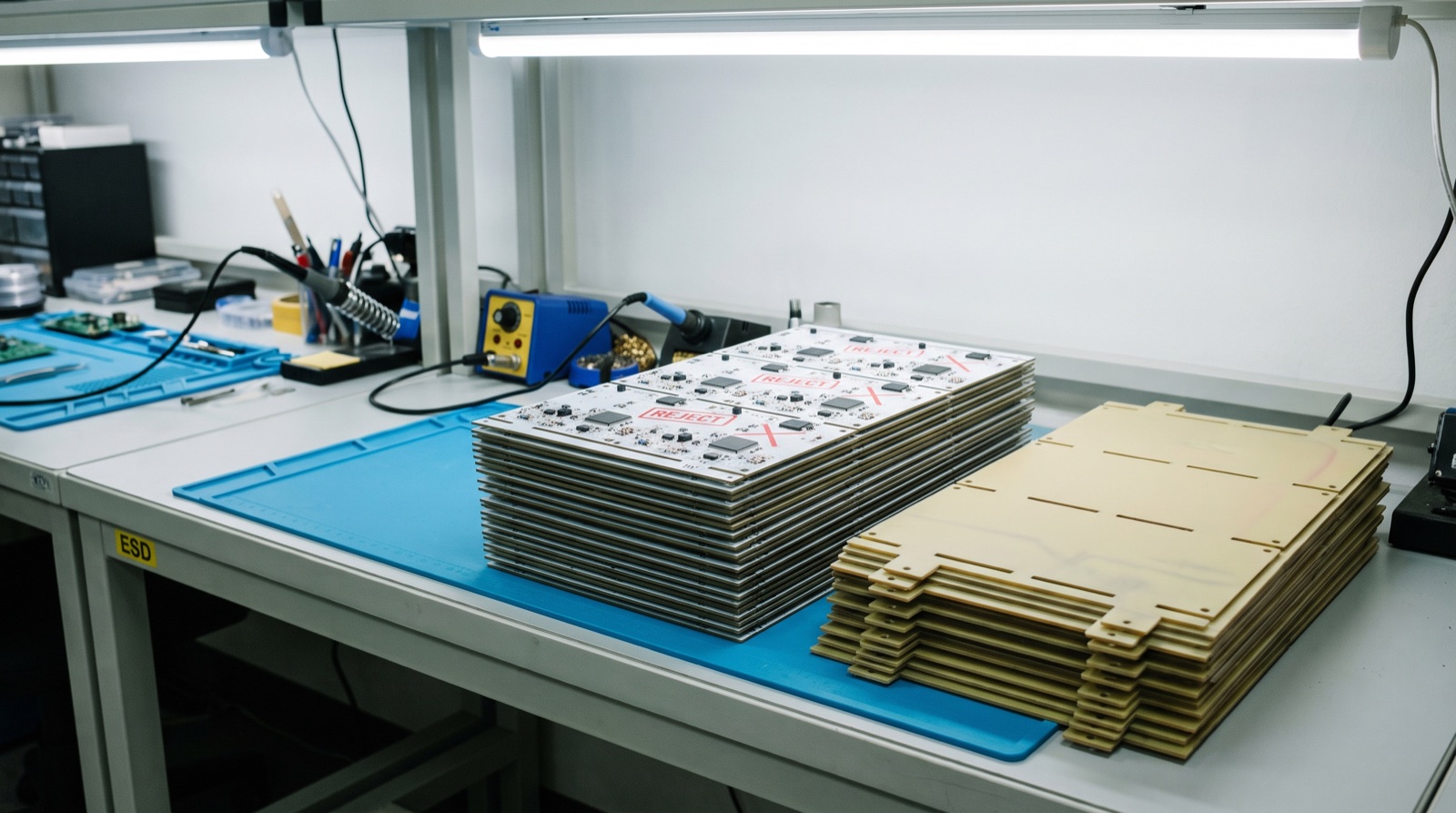 Fabrikneue, aussortierte Leiterplatten aus der Fertigung neben einem Stapel unbestückter Nutzen mit Ausbrechstegen.