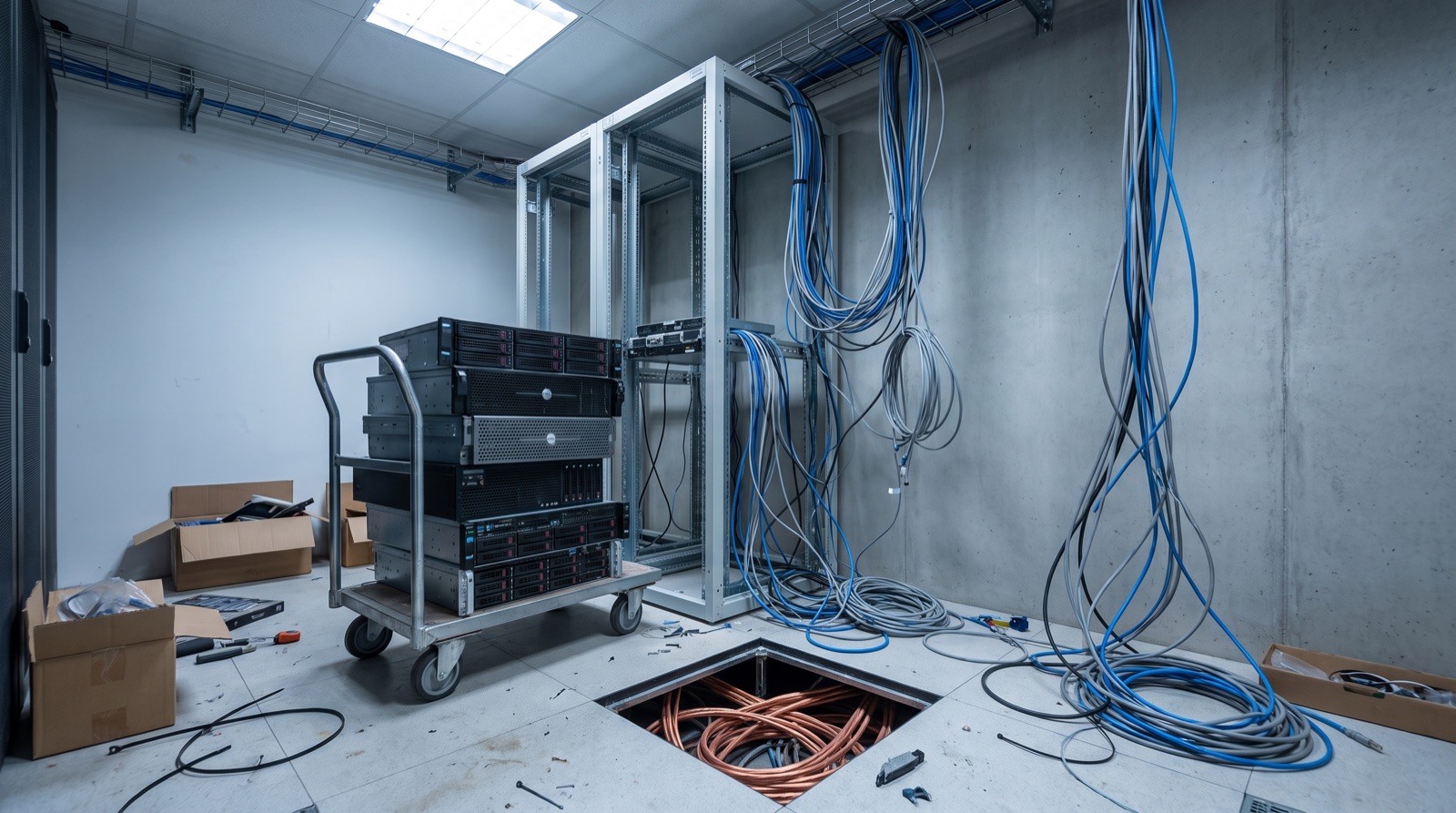 Ein teilweise zurückgebautes Serverrack mit ausgebauten Geräten auf dem Rollwagen und geöffnetem Doppelboden.